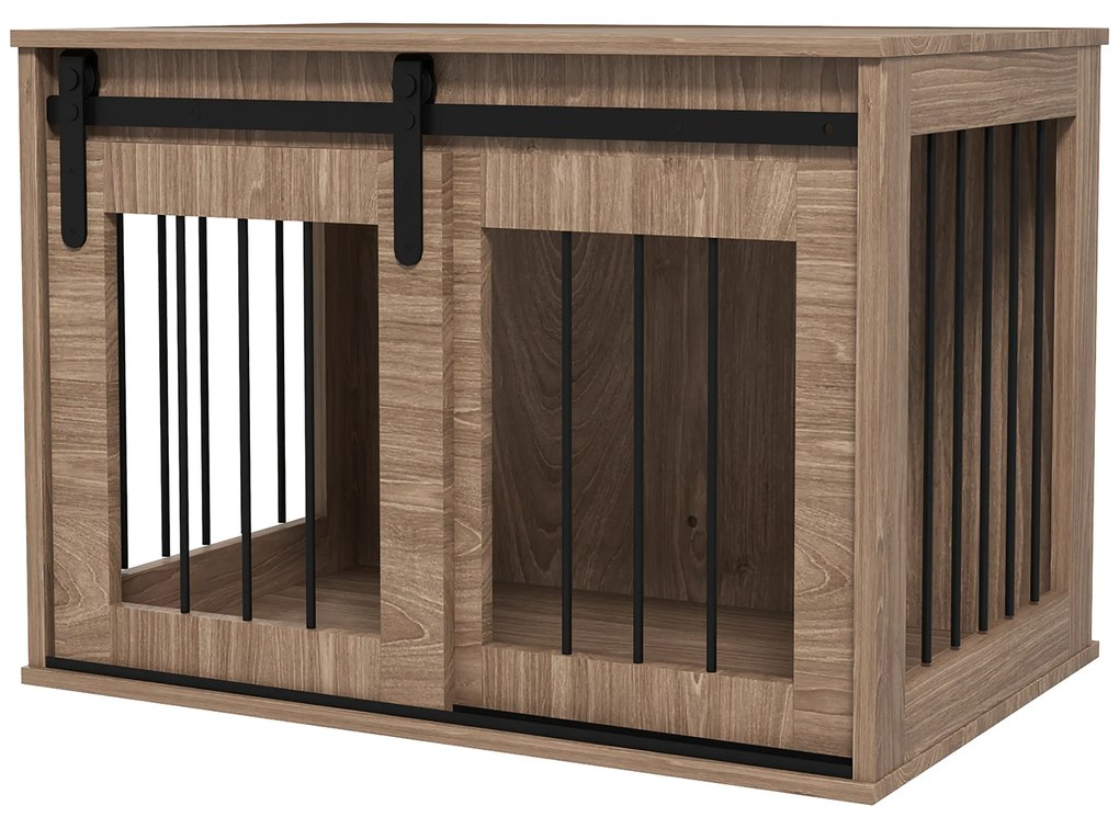 PawHut Cușcă cușetă pentru câini animale interioare ușă glisantă, oțel efect lemn, dim. 57H x 80L x 54l cm | Aosom Romania