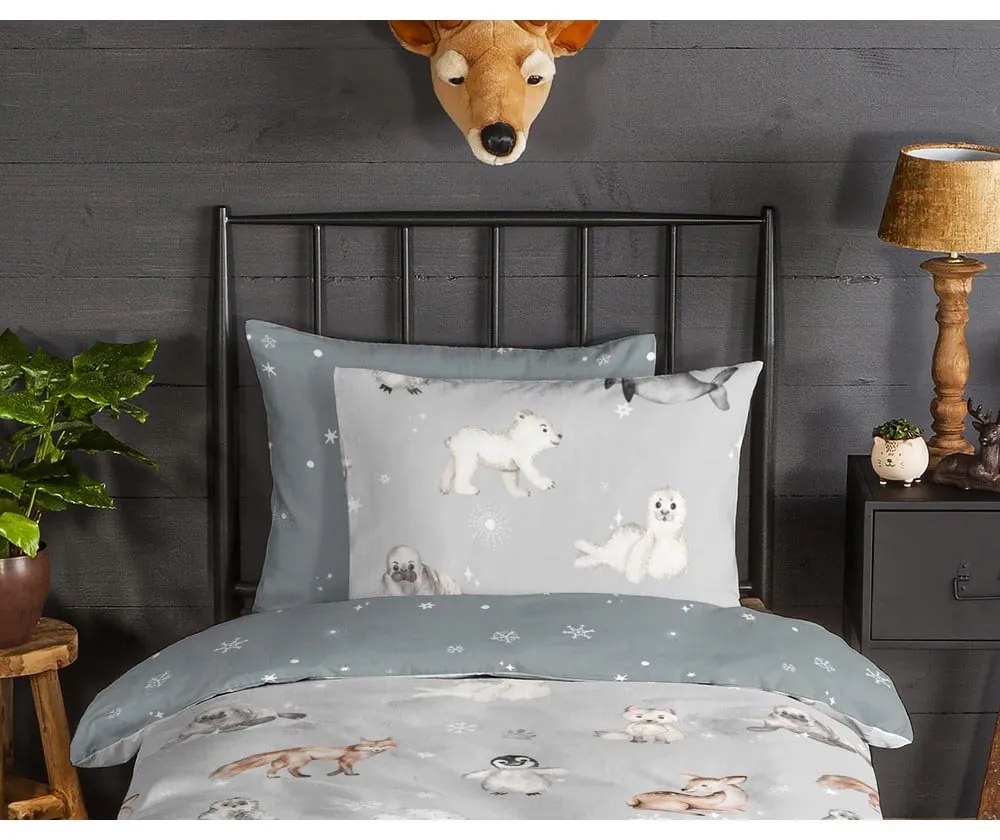 Lenjerie de pat pentru copii gri din flanelă pentru pat de o persoană 140x200 cm Cira – Good Morning