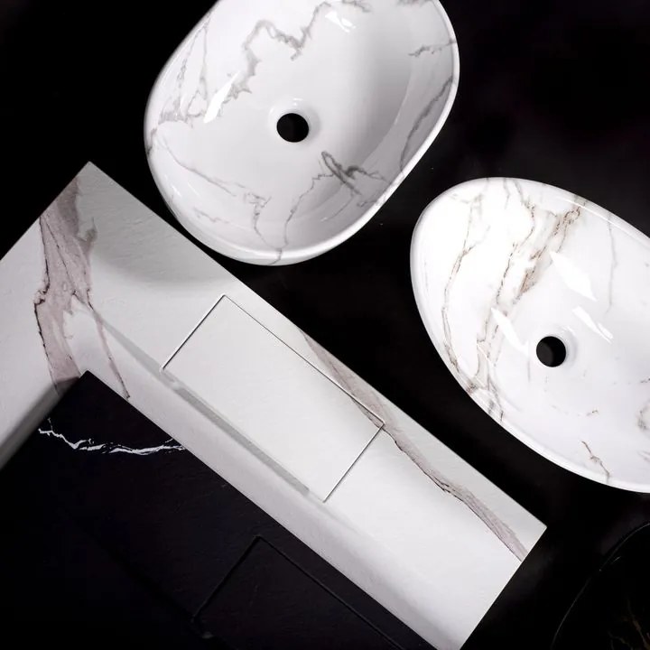 Set lavoar Sofia marble negru + baterie inalta Lungo auriu + dop universal auriu