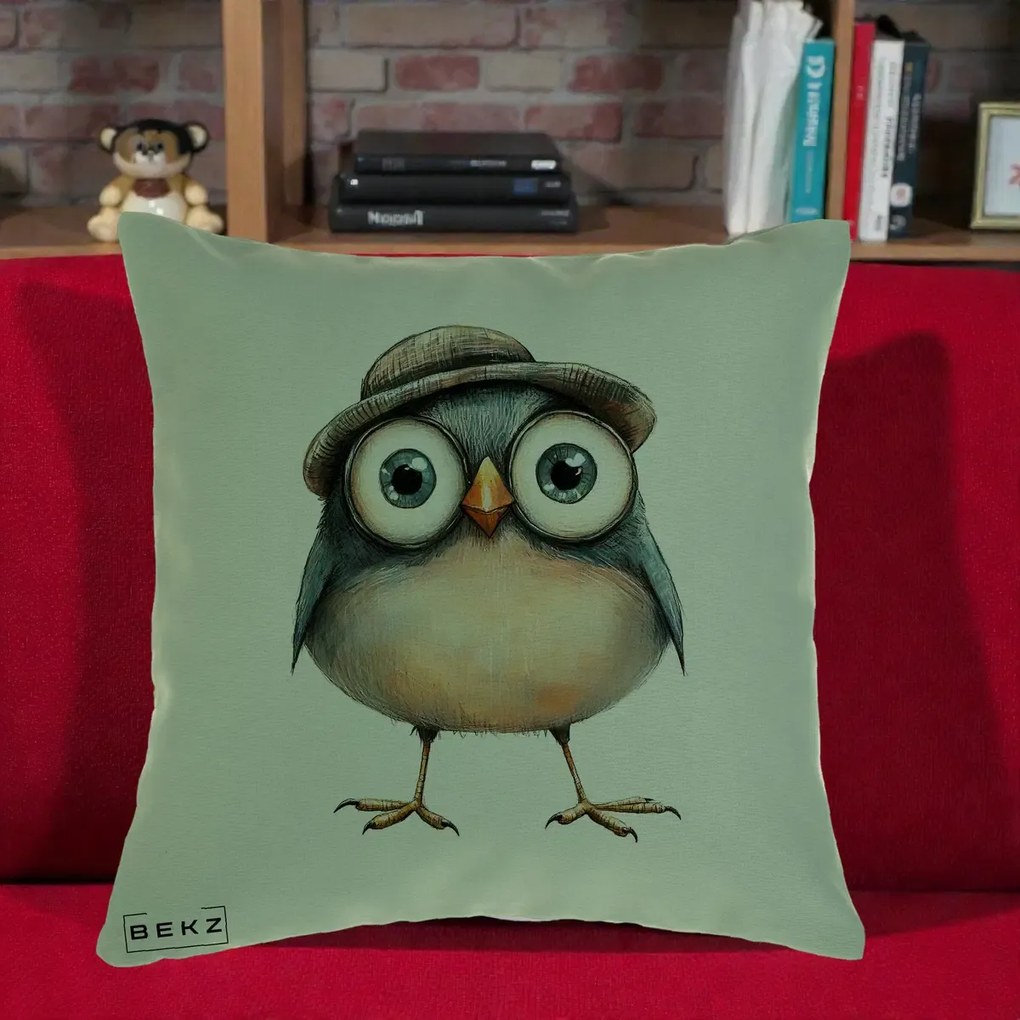 Perna Decorativa Pui cu Palarie Rotunda, 40x40 cm, Verde, Husa Detasabila, Perna Inclusa, BEKZ®