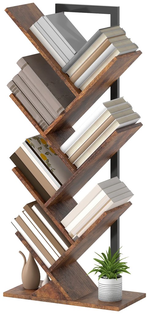 HOMCOM Bibliotecă Raft cu 7 Nivele Îngustă în Forma de Lemn pentru Birou, Brun Rustic | Aosom Romania