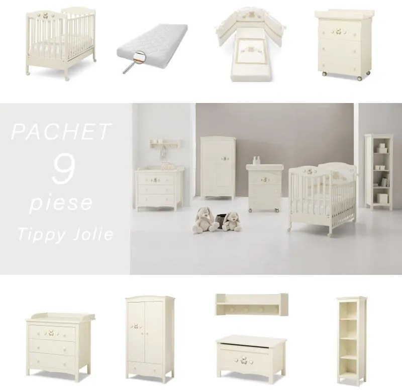 Pachet 9 Piese Pat Saltea Set Textil Comoda Cabinet Dulap Banca Cuier Etajera Tippy Jolie