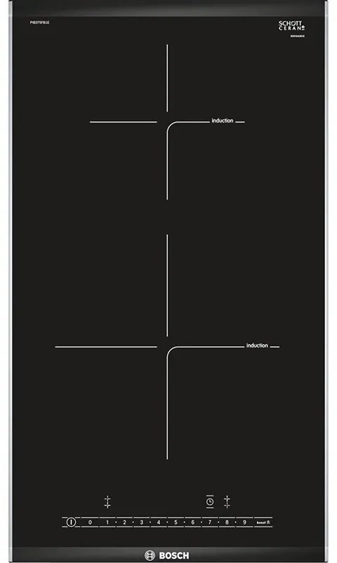 Plita vitroceramica cu inductie incorporabila Bosch PIB375FB1E, 3700W, 2 zone, 17 trepte, PowerBoost, Negru