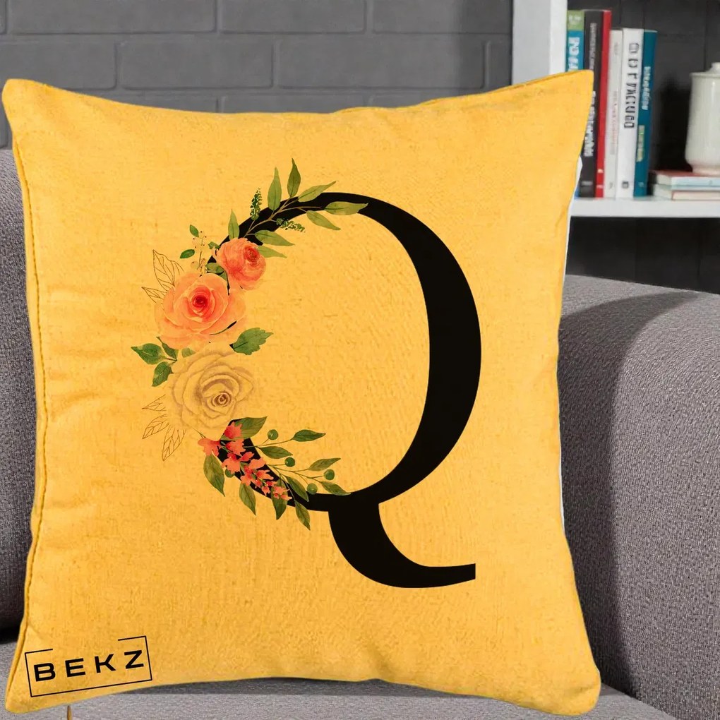 Cadou Personalizat - Perna Personalizata Monograma Florala Litera Q, 40x40 cm, Galben, Husa Detasabila, Perna Inclusa, BEKZ®