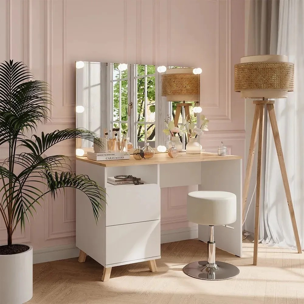SEA913 - Set masă toaletă 110 cm pentru machiaj cu oglindă LED, opțiune cu sau fără scaun – Design modern și funcțional - Alb - Culoarea Stejar
