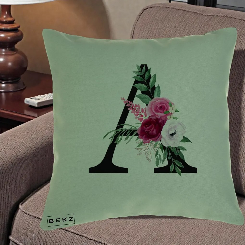 Cadou Personalizat - Perna Personalizata Monograma Florala Litera A, 40x40 cm, Verde, Husa Detasabila, Perna Inclusa, BEKZ®
