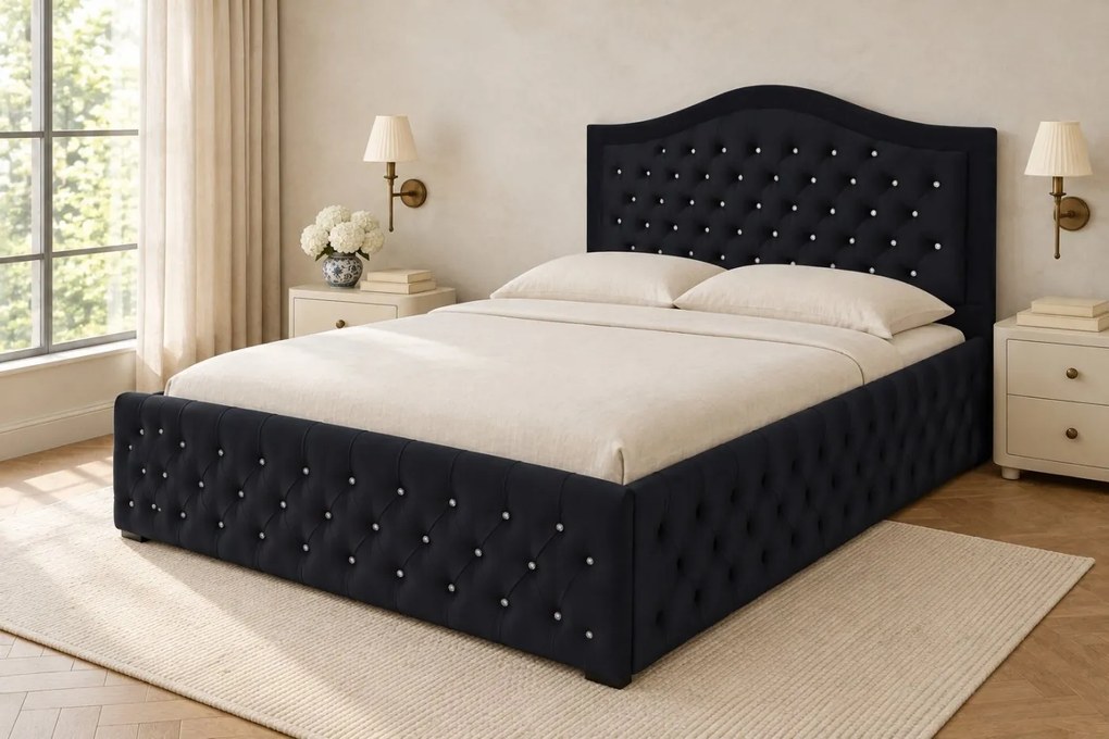 Pat tapițat Chesterfield din catifea Solaria Deluxe Cristal 200×200 cm, negru, cu ladă de depozitare