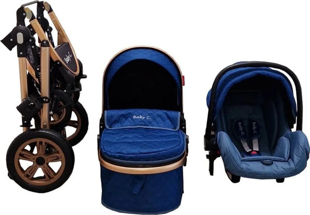 Carucior nou nascuti 3 in 1 Baby Care™ PRO 530, Cu geanta bebe, Cadru Aluminiu , Amortizoare, Roti din cauciuc plin AVE, Landou, Scoica auto, Spatar