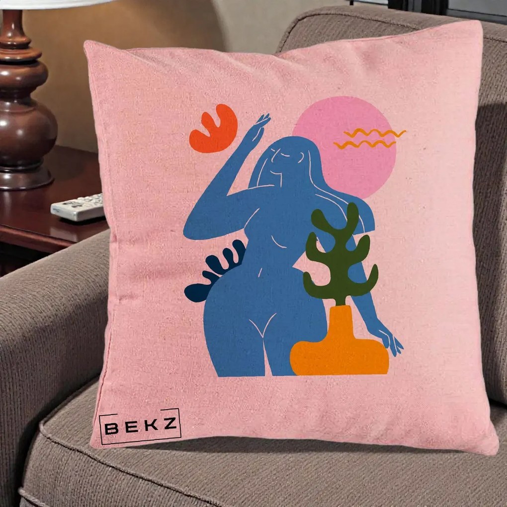 Perna Decorativa Femeie Albastra Cactus, 40x40 cm, Roz, Husa Detasabila, Perna Inclusa, BEKZ®