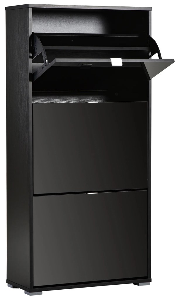 HOMCOM Dulap pentru Pantofi Cu 3 Uși Rabatabile 3 Compartimente din Lemn dim. 60L x 26l x 124Î cm Negru lucios | Aosom Romania