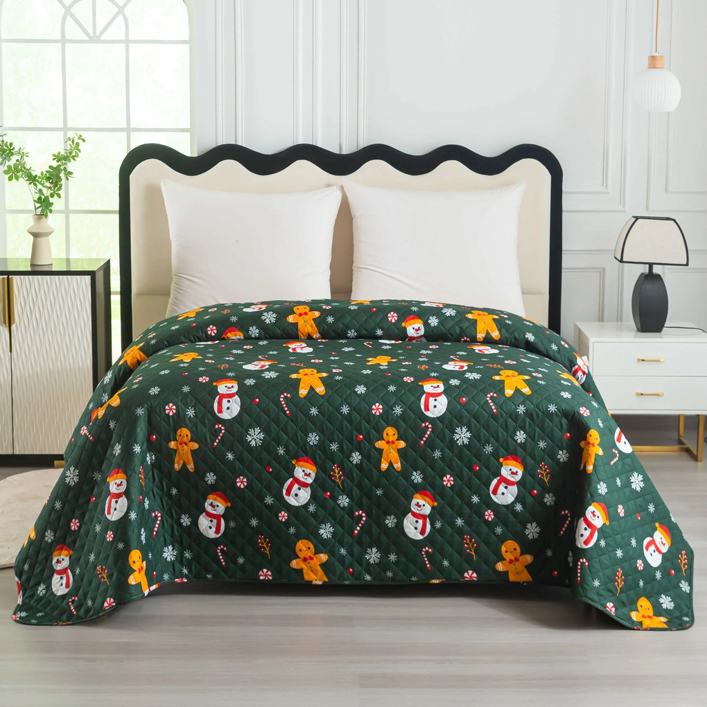 Cuvertura de pat SNOWMAN AND GINGERBREAD, verde Dimensiune: 170 x 210 cm