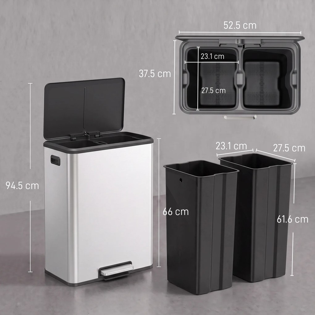 HOMCOM Coș de bucătărie 2 x 30 L, cu pedală, din oțel inoxidabil, găleți detașabile și capac soft-close, argintiu | Aosom Romania
