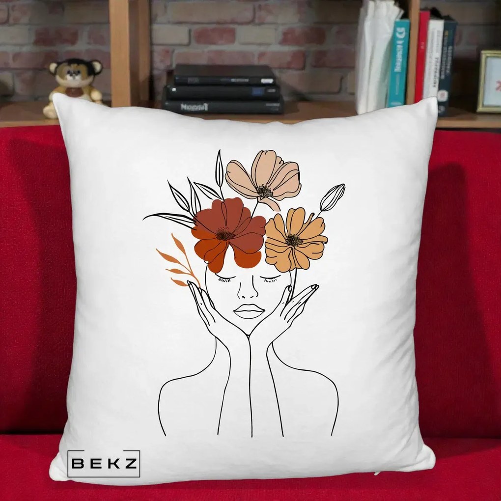 Perna decorativa line art Portret Feminin Coroana Trei Flori, 40x40 cm cu Umplutura, Alb Pufos, BEKZ