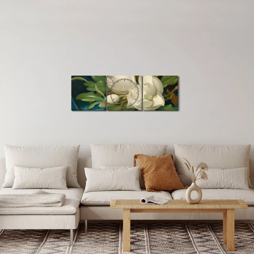 Tablou - Martin Johnson Heade, Giant Magnolias on a Blue Velvet Cloth, reproducere (cu ceas) (90x30 cm)