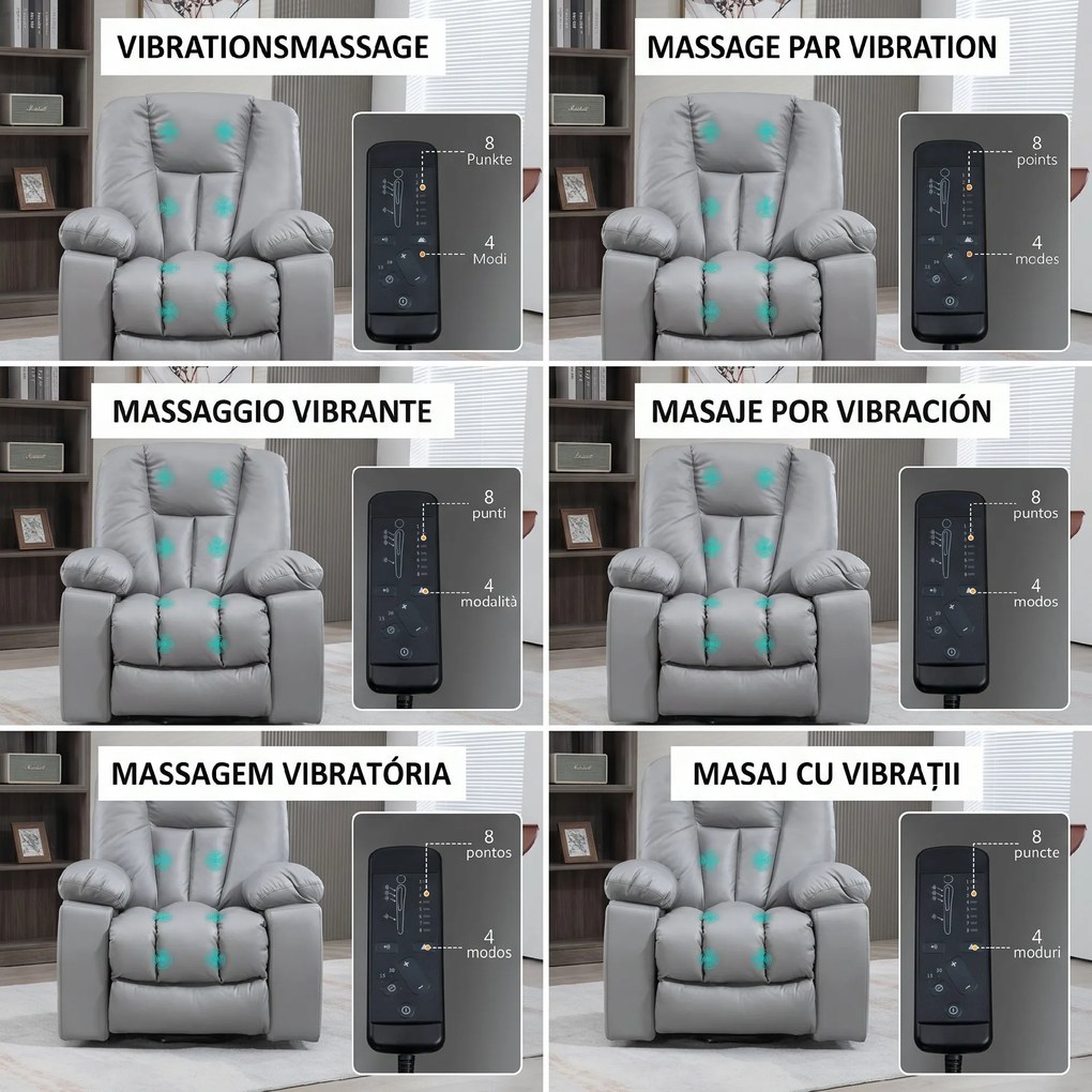 HOMCOM Scaun Electric Rabatabil cu 8 Puncte de Masaj și Telecomandă, Fotoliu Modern din Microfibră, 94x96x106 cm, Gri | Aosom Romania