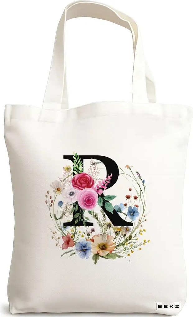 Sacosa de Panza pentru Cumparaturi, Geanta Tote, Cu litera R in Coronita Florala, 38x34.5 cm, Alba, BEKZ®