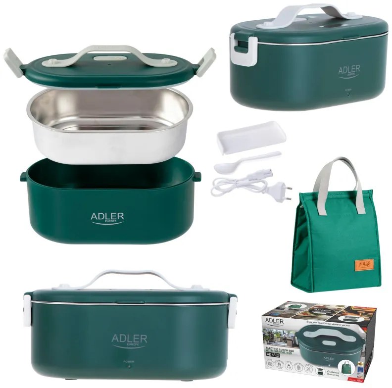Cutie alimentara electrica Adler AD 4522, 45W, 0.8 L, Pana la 70°C, Recipient din otel inoxidabil, Geanta termica, Verde
