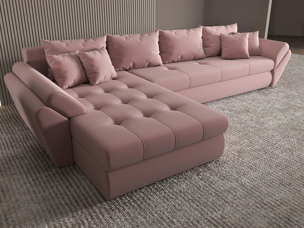 Colțar extensibil dumonde cu ladă de depozitare si sezut confortabil din spuma high-density, Loana XL Royal Roz 335x185 cm