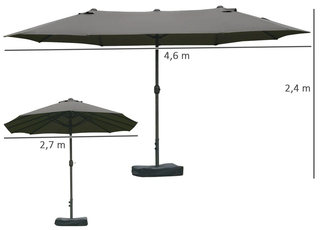 Outsunny Umbrelă de grădină exterioară, umbrelă dublă rectangulară 4,6L x 2,7l x 2,4H m cu deschidere și închidere cu manivelă, saci de greutate și bază incluse, pentru balcon, piscină, gri | Aosom Romania