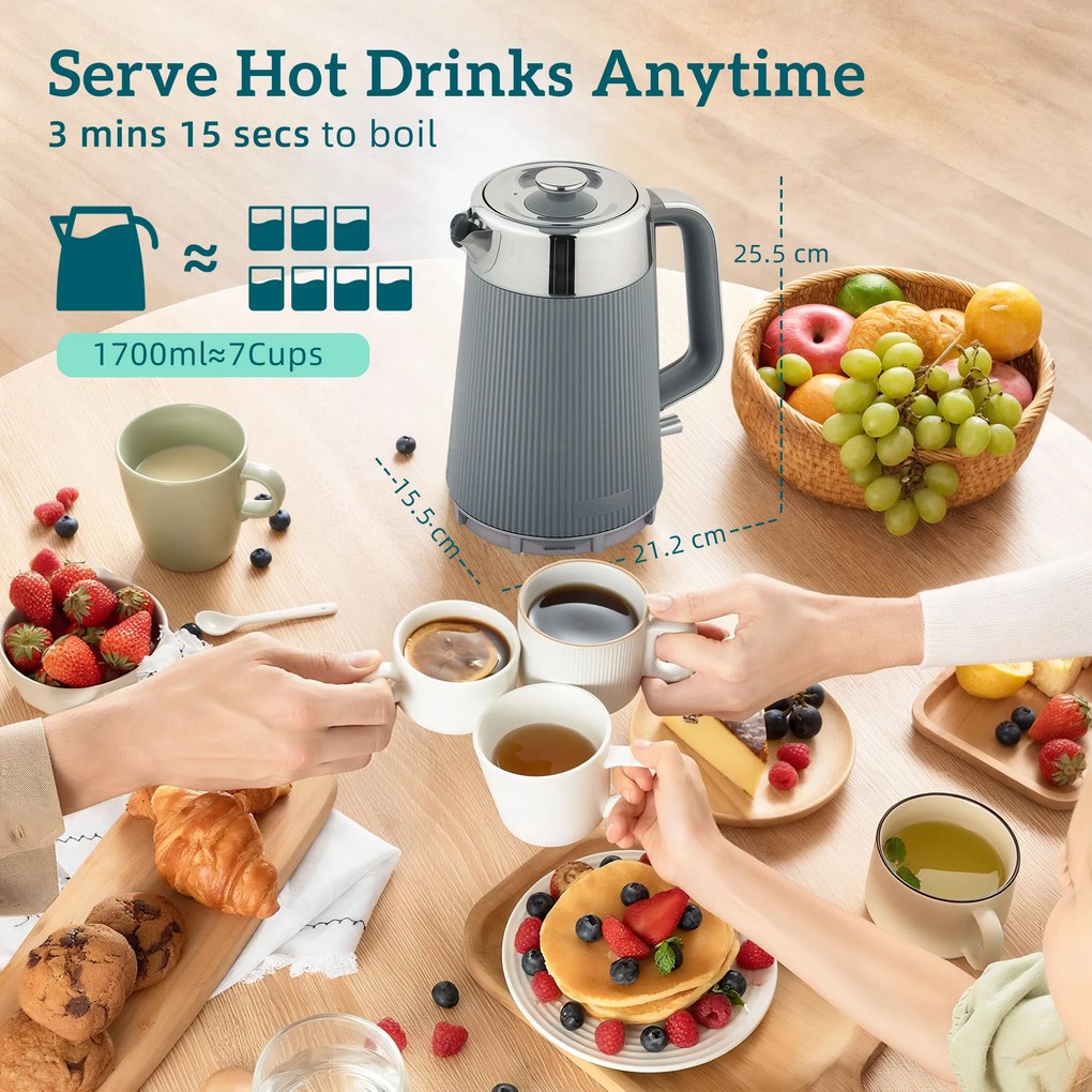 HOMCOM 2200W, fierbător 1,7L cu funcție de fierbere rapidă, filtru anticalcar și toaster cu 4 felii și 7 trepte de rumenire, gri | Aosom Romania