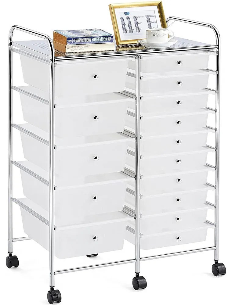 Carucior de depozitare cu roti cu 15 sertare-alb