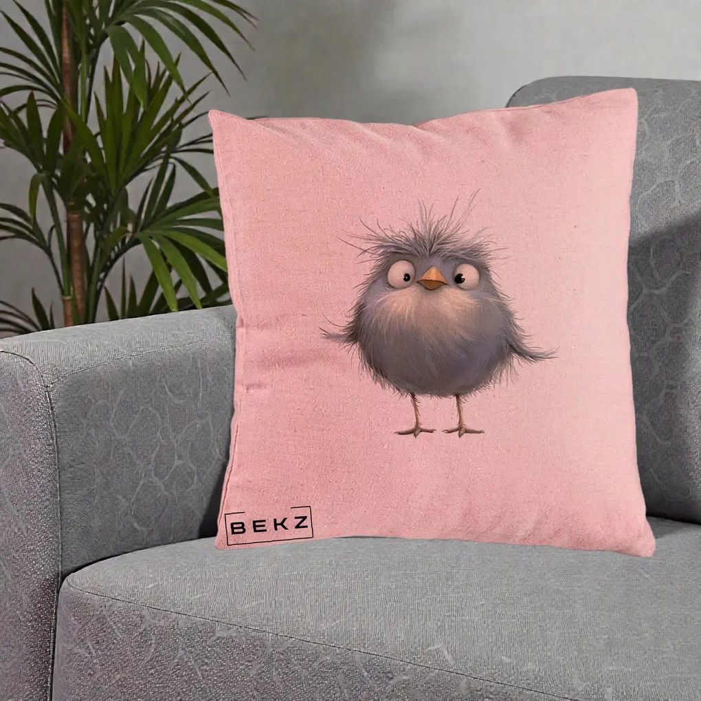 Perna Decorativa Pui Gri Pufos Zbarlit, 40x40 cm, Roz, Husa Detasabila, Perna Inclusa, BEKZ®