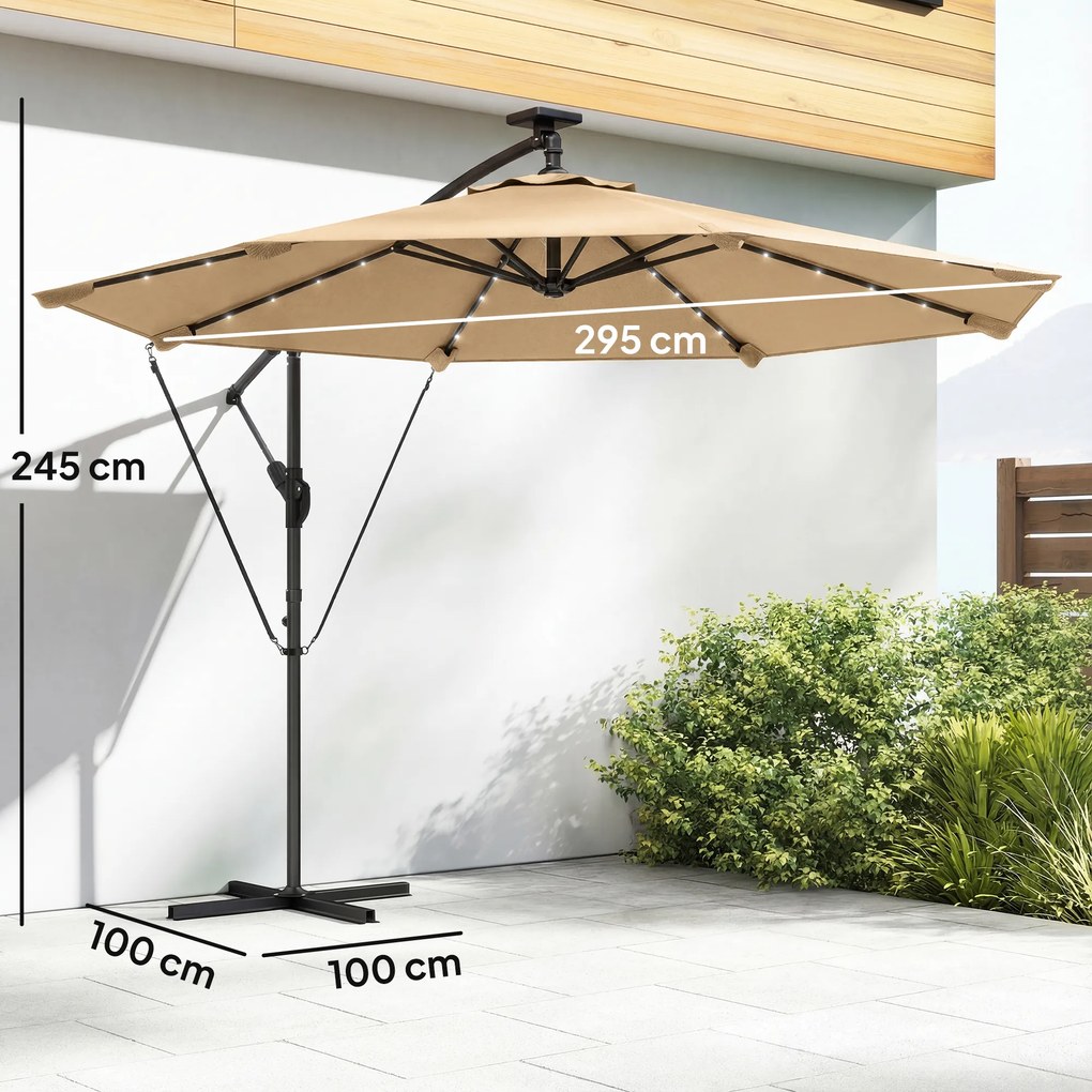 Outsunny Umbrelă excentrică cu lumini LED solare 330x295 cm umbrelă grădină cu bază în cruce manivelă husă de protecție kaki | Aosom Romania