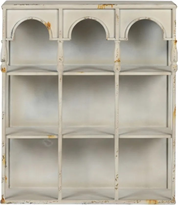 Etajeră de perete din metal, alb, trei arcade și 2 rafturi compartimentate, finisaj antichizat, 70 x 60 x 20 cm, „Fontaine”