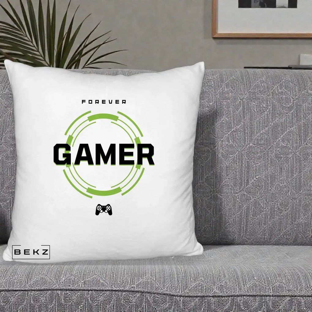Perna Personalizata Forever Gamer, 40x40 cm, Alb Pufos, Husa Detasabila, Perna Inclusa, BEKZ®