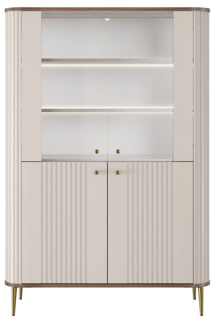 Vitrină Vesper 103 cm cu 4 uși - cașmir / nuc / picioare aurii