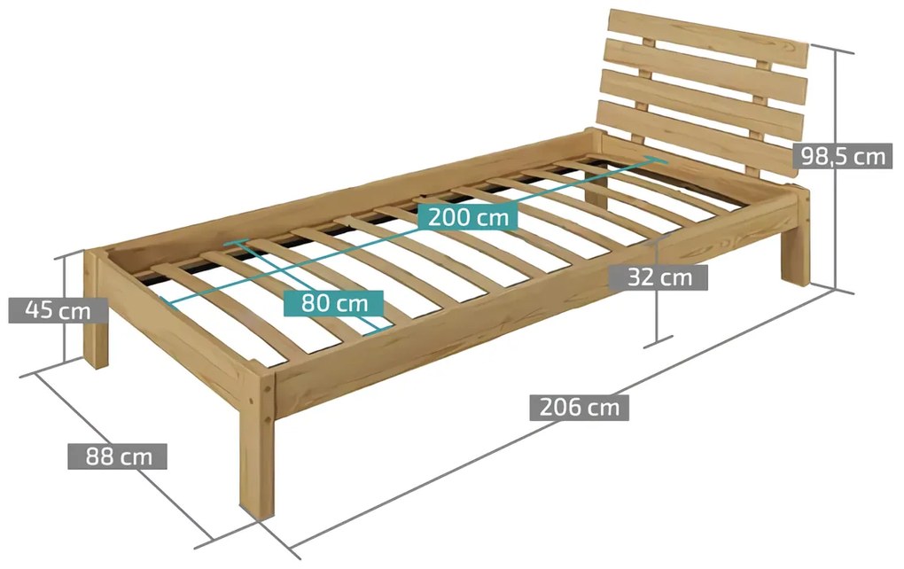 Pat de o persoana inaltat PARIS 80x200 cm, pin Saltele: Cu saltele Sommera 18 cm, Somiera pat: Cu lamele drepte