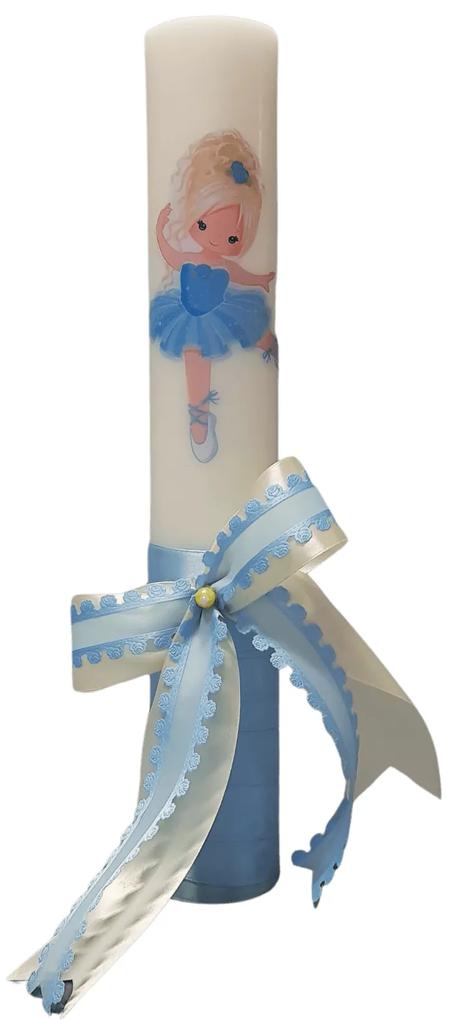 Lumanare botez decorata Balerina alb albastra 7 cm, 30 cm