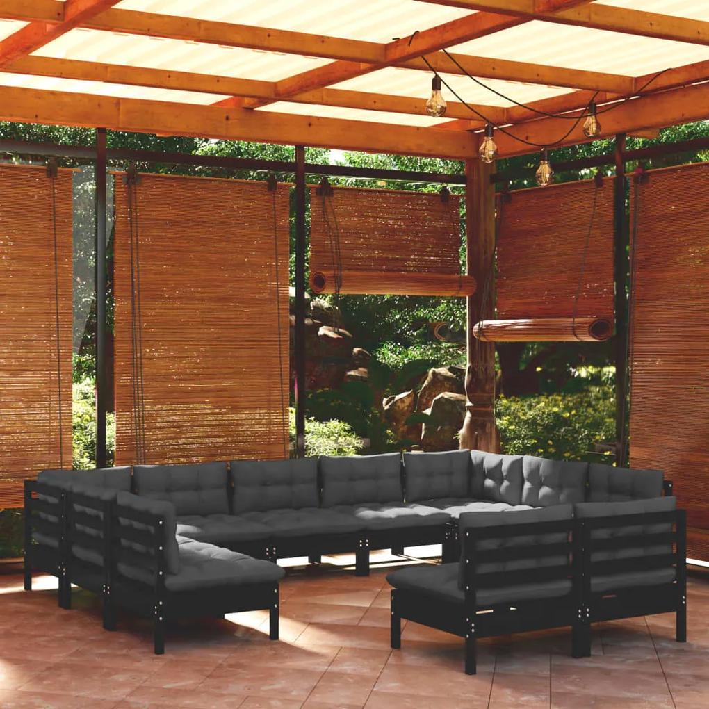 3097215 vidaXL Set mobilier grădină cu perne, 11 piese, negru, lemn masiv pin