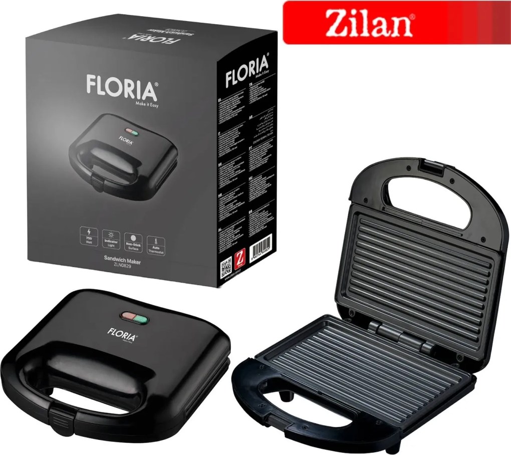 Sandwich Maker Floria ZLN0829, Putere 750W, Placa de tip grill, Antiaderenta, indicator luminos, Negru