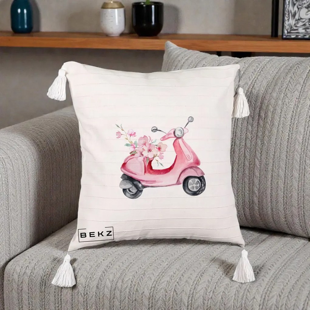 Perna Decorativa Scuter Roz cu Flori Acuarela, 40x40 cm, Bej cu Franjuri, Husa Detasabila, Perna Inclusa, BEKZ®
