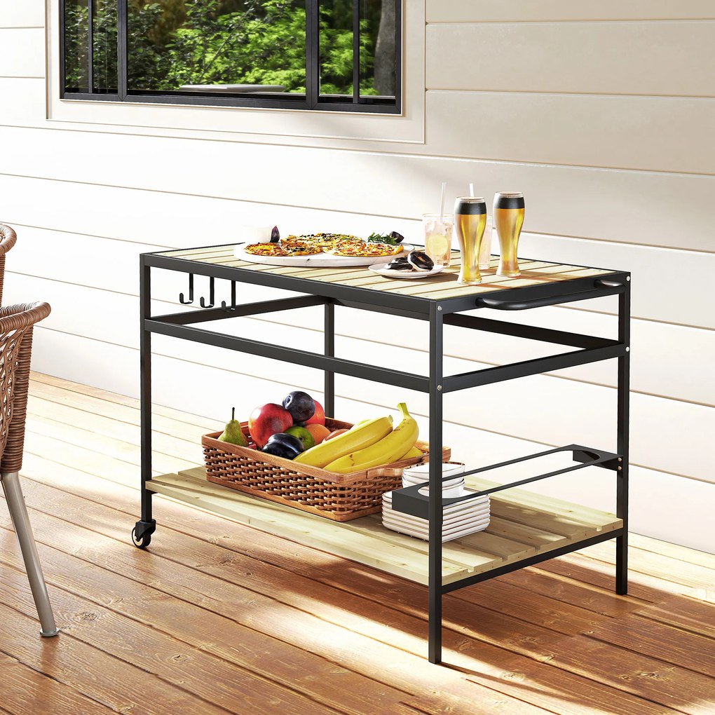 Outsunny Cărucior cu Roți din Lemn cu 2 Rafturi, 3 Cârlige, Blat cu Lamele și Mâner 107x65x80 cm Natural | Aosom Romania