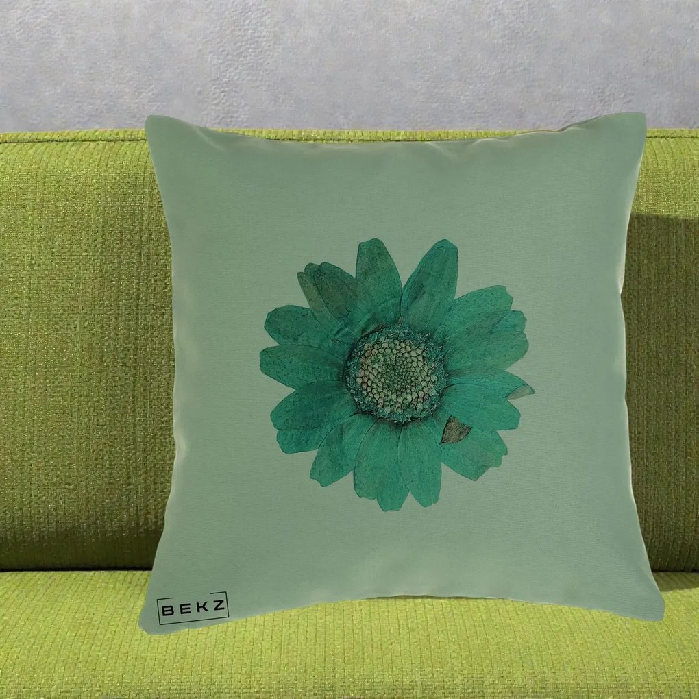 Perna Decorativa Floare Gerbera Teal Acuarela, 40x40 cm, Verde, Husa Detasabila, Perna Inclusa, BEKZ®