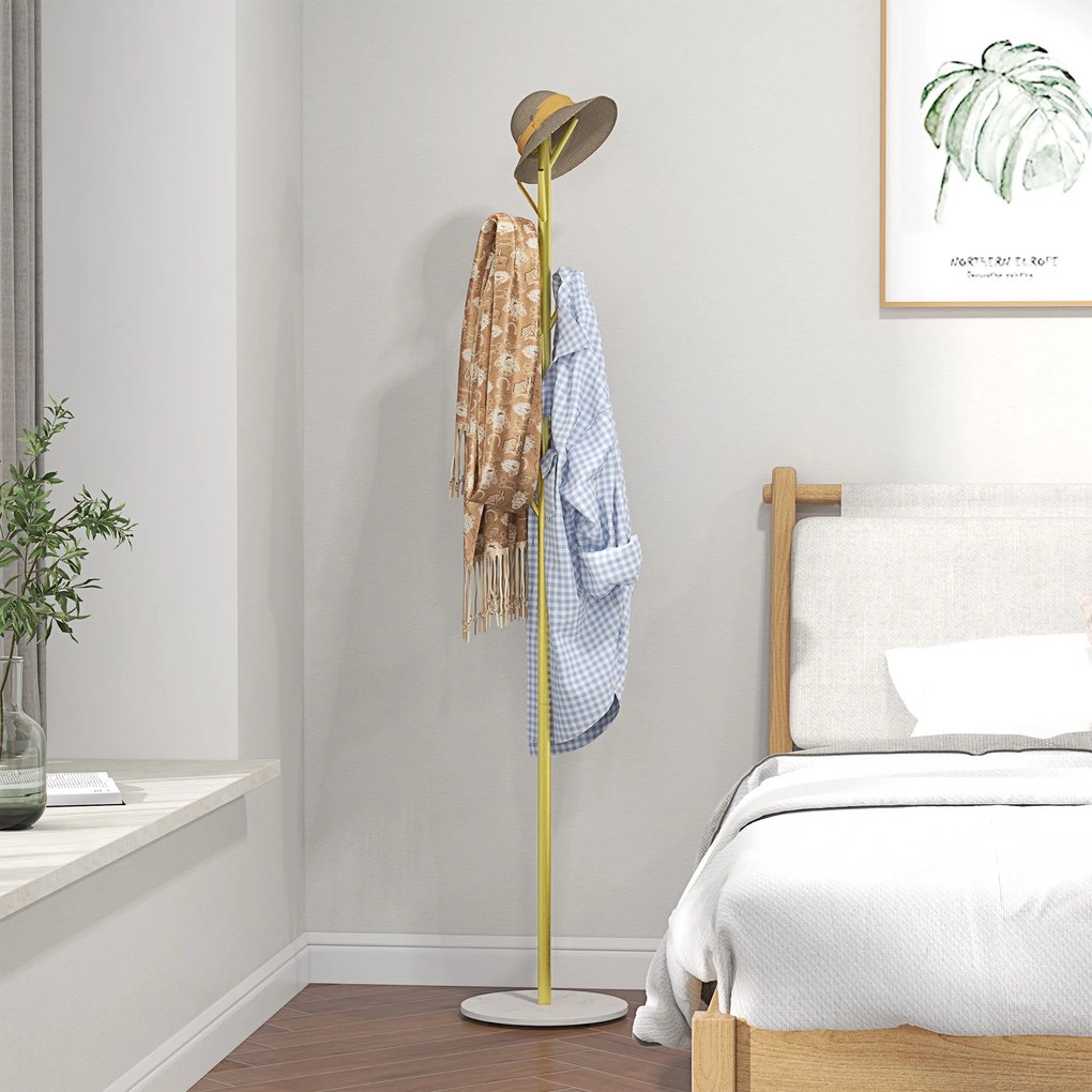 HOMCOM Cuier de Podea Autoportant cu 8 Cârlige și Bază din Marmură, Ø32x164 cm, Auriu | Aosom Romania