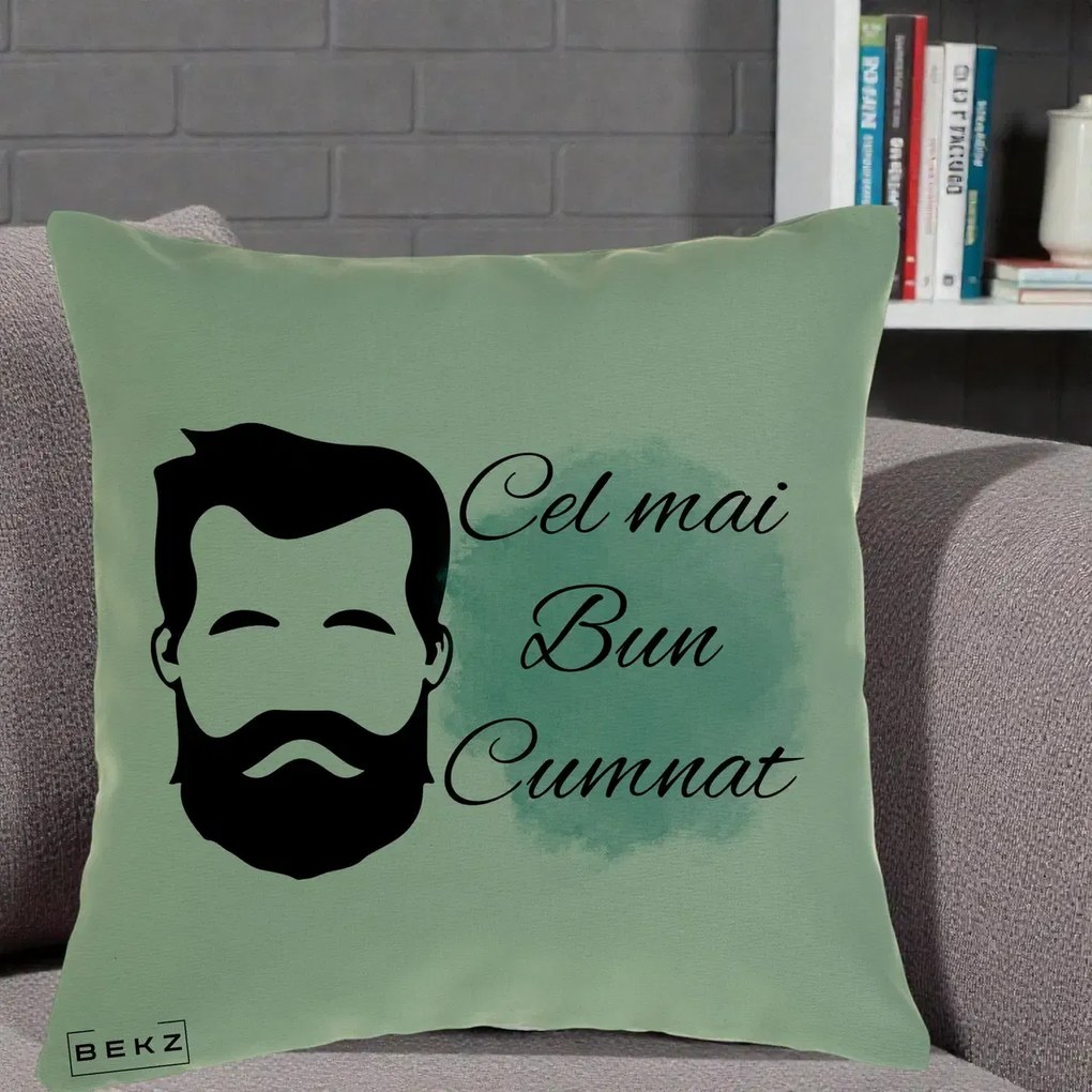 Cadou pentru Cumnat - Perna Personalizata Cel mai Bun Cumnat cu Portret Barbat si Pete Teal, 40x40 cm, Verde, Husa Detasabila, Perna Inclusa, BEKZ®