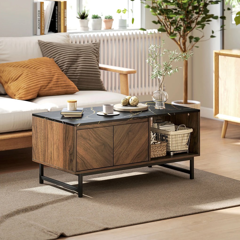 HOMCOM Masă de cafea, masă de living, blat efect marmură, 2 uși și 2 nișe deschise, 100 x 50,8 x 45,7 cm, nuc | Aosom Romania