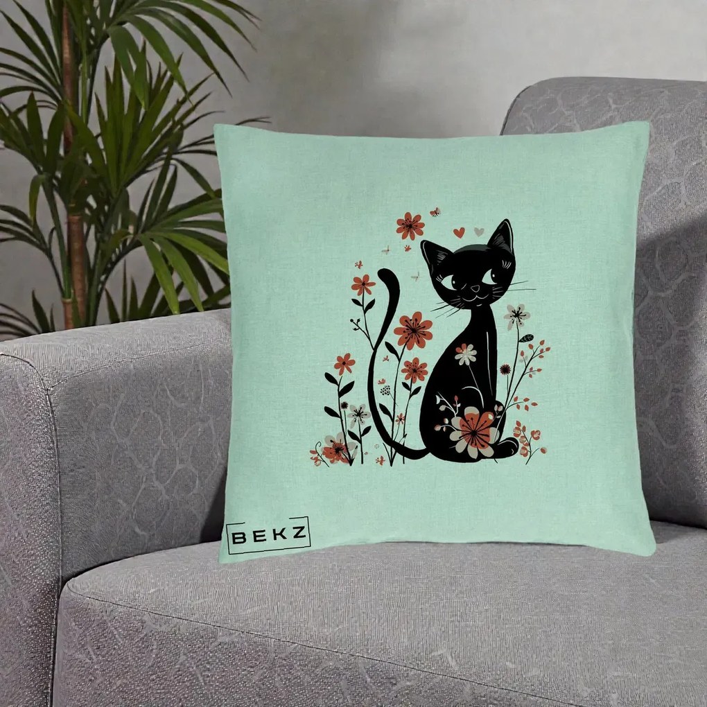 Perna Decorativa Pisica Neagra Flori Roz si Inimi, 40x40 cm, Verde Menta, Husa Detasabila, Perna Inclusa, BEKZ®