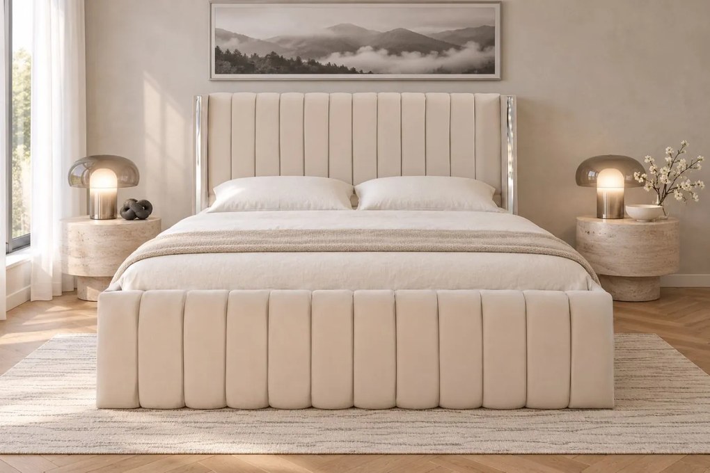 Pat tapițat din catifea Aurelia 160×200 cm, crem, detalii argintii, cu ladă de depozitare