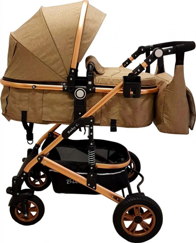 Carucior nou nascuti 3 in 1 Baby Care™ PRO 531 , Cu geanta Bebe inclusa, Cadru Aluminiu Gold, Amortizoare, Roti din cauciuc plin AVE, Landou, Scoica