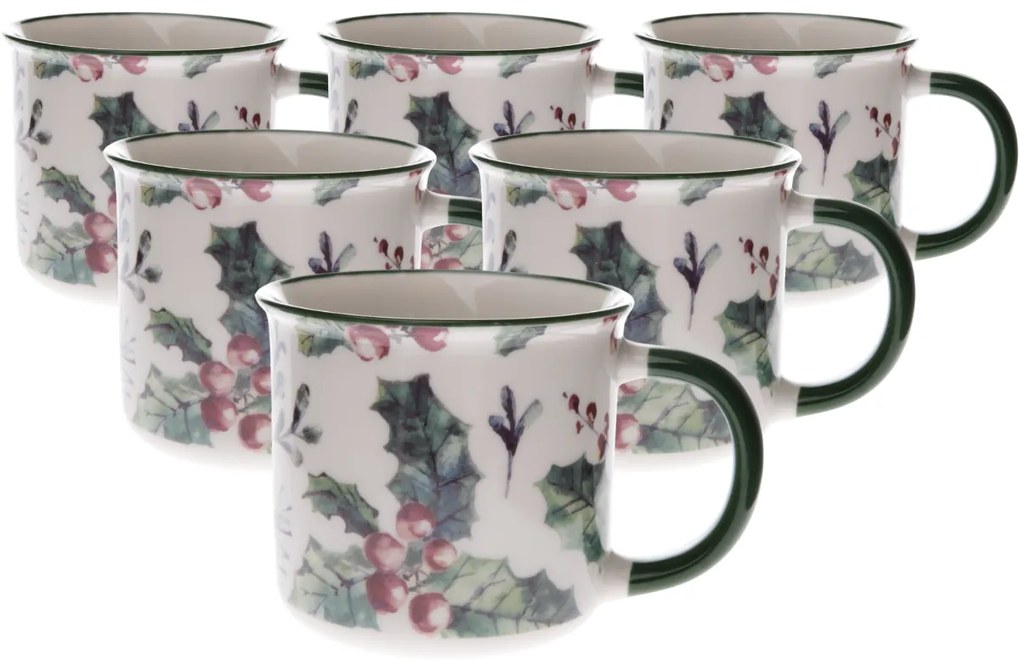 Set de 6 căni de porțelan Christmas holly 300 ml, 300 ml