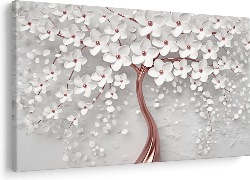 Tablou - Imaginea copacului alb cu flori albe, rosegold (90x60 cm)