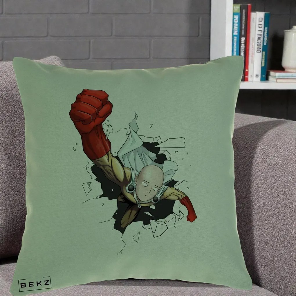 Perna Personalizata One Punch Man Saitama Pumn, 40x40 cm, Verde, Husa Detasabila, Perna Inclusa, BEKZ®