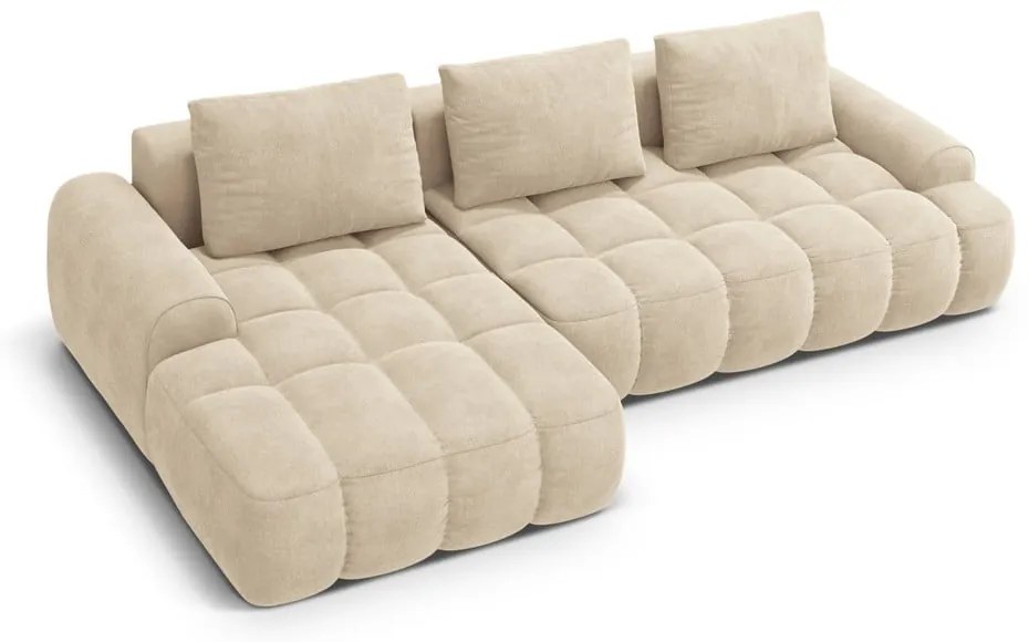 Colțar bej extensibil/cu spațiu de depozitare cu tapițerie din catifea (cu colț pe partea stângă/cu șezlong) Linz – Cosmopolitan Design