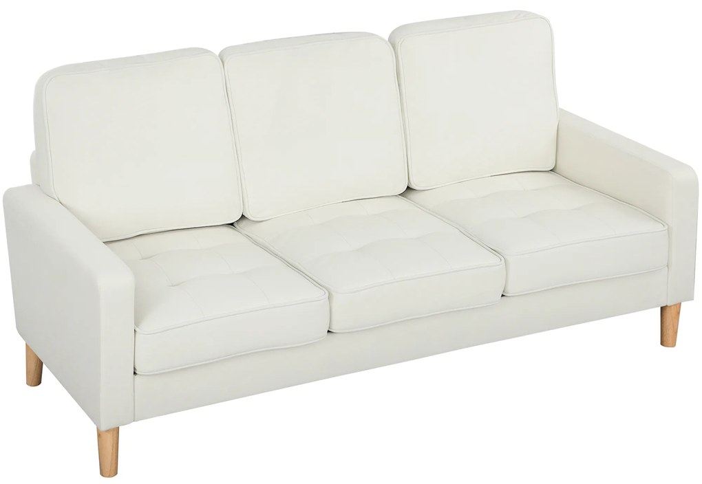 HOMCOM Canapea cu 3 locuri cu perne groase, lemn de cauciuc, acoperiș textil, canapea capitonată pentru sufragerie, birou, dormitor, crem-alb | Aosom Romania