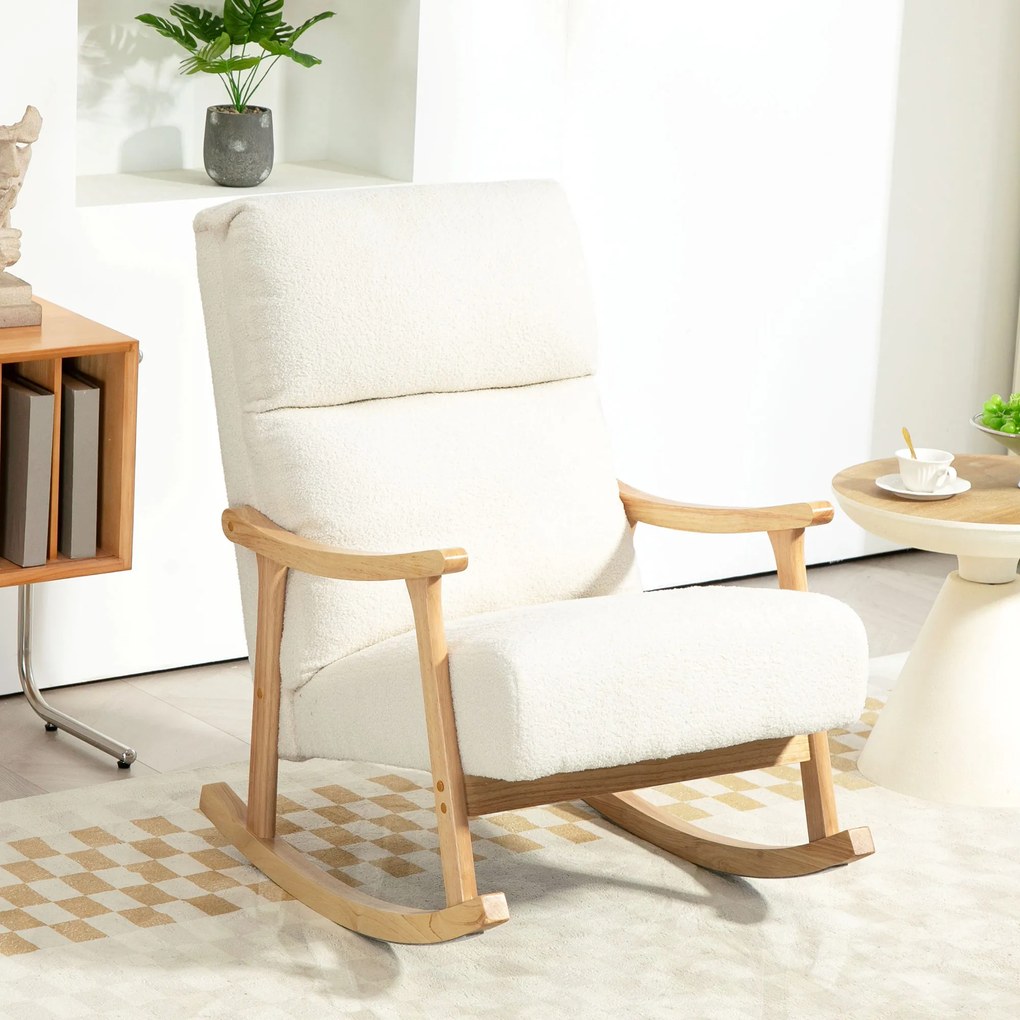 HOMCOM Scaun Balansoar Tapițat din Catifea Teddy, cu Spătar Ergonomic și Picioare din Lemn de Cauciuc,  Alb crem | Aosom Romania