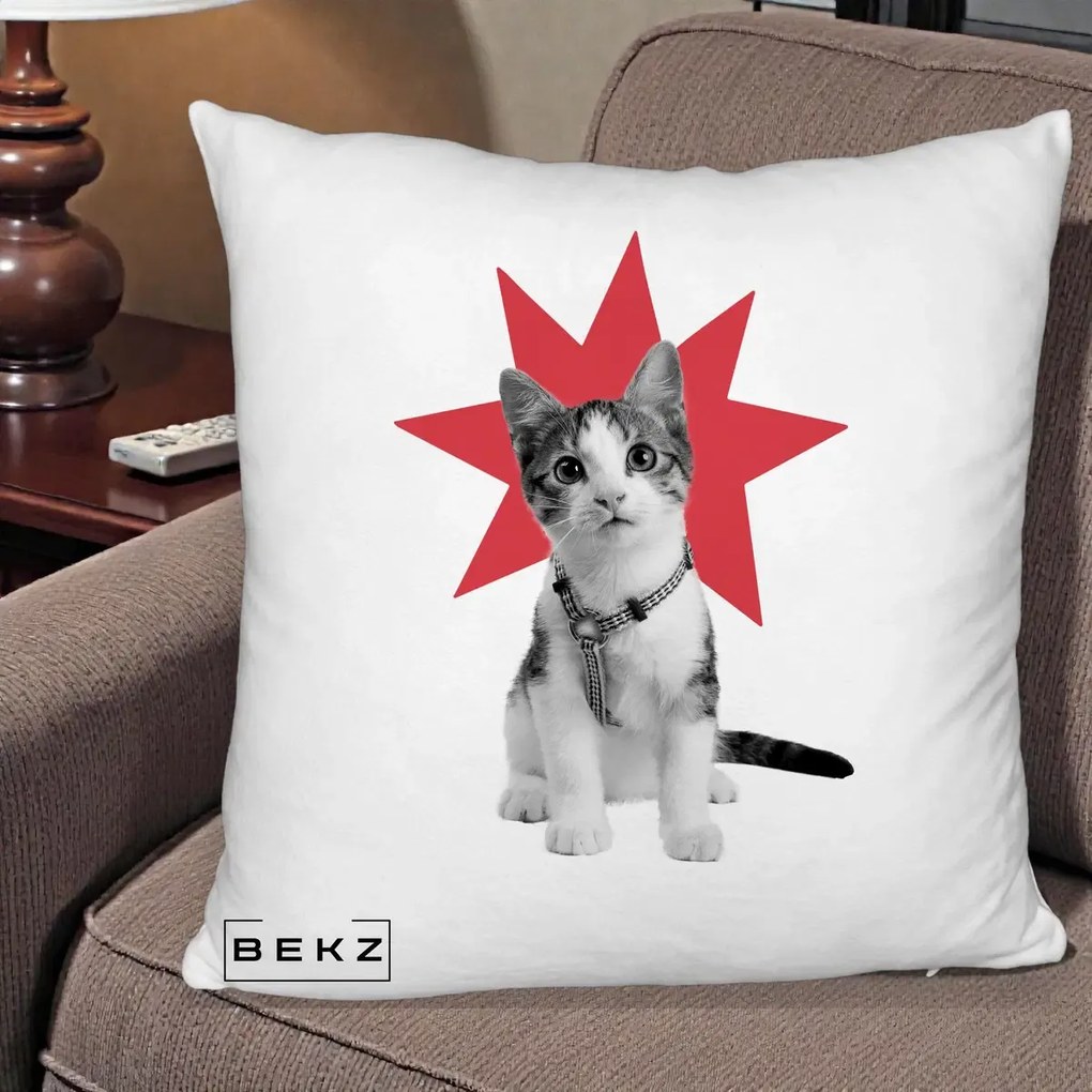 Perna Decorativa Pisica Star Pop Art, 40x40 cm, Alb Pufos, Husa Detasabila, Perna Inclusa, BEKZ®